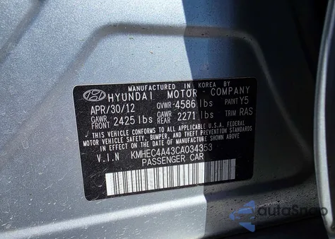 2012 Hyundai Sonata Hybrid Base z USA, uszkodzony, nr VIN KMHEC4A43CA034353